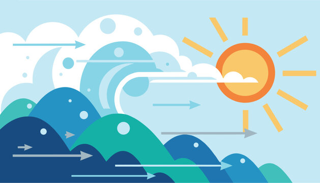 Meteorological diagram style illustration representing the sun, wind patterns, and ocean currents over blue mountains.