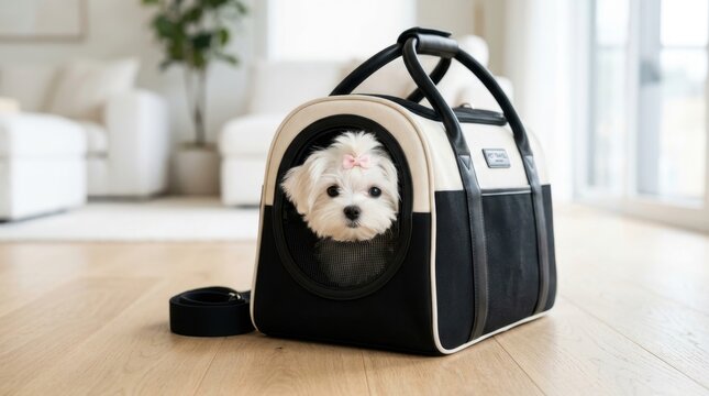 Adorable tiny white Maltese puppy wearing a pink bow sits inside a modern black and beige pet carrier on a bright wooden floor, offering a comfortable and stylish transport solution for small pets ...