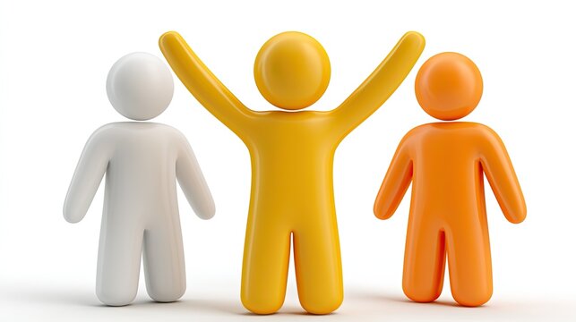 Three colorful 3d cartoon figures standing side by side with arms around each other, central character raising hands high, teamwork unity cooperation business graphic on white background