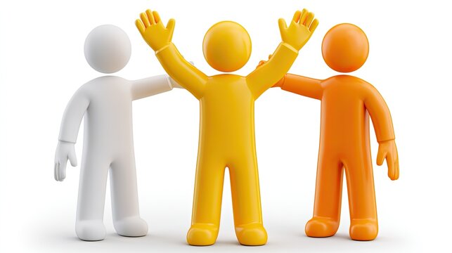 Three colorful 3d cartoon figures standing side by side with arms around each other, central character raising hands high, teamwork unity cooperation business graphic on white background