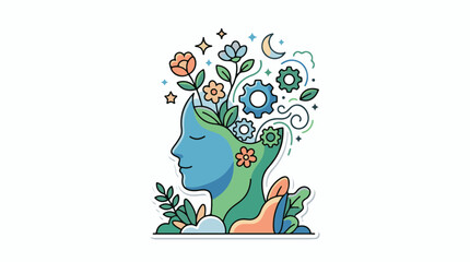 Fototapeta premium Illustration of a serene head with plants gears and celestial elements