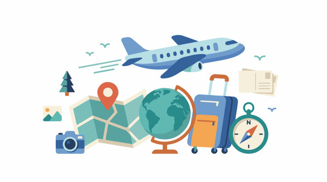 Journey icons plane globe map luggage camera compass postcard tree