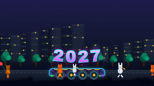 Cute cartoon animals celebrate 2027 beside a glowing wheeled sign in a nighttime city park with trees and buildings.