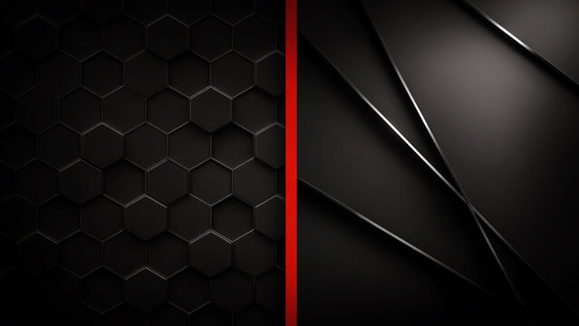 Abstract dark background with hexagon pattern and red line and sharp geometric shapes