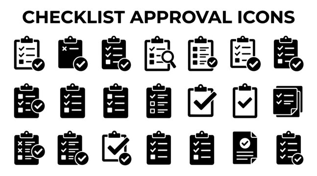 A collection of black vector icons representing checklists, task completion, and document approval processes.