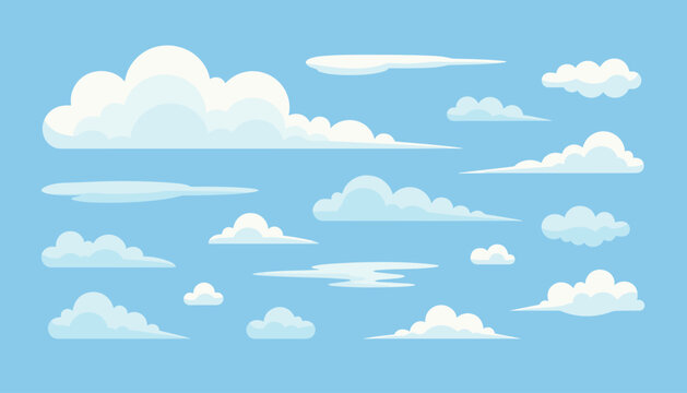 Clouds in the sky illustration showing multiple cartoon and realistic cloud shapes on a soft blue background.