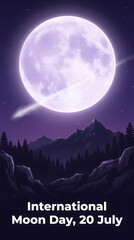 Fototapeta premium Giant moon over mountains. Night sky landscape. Space exploration theme. International Moon Day.