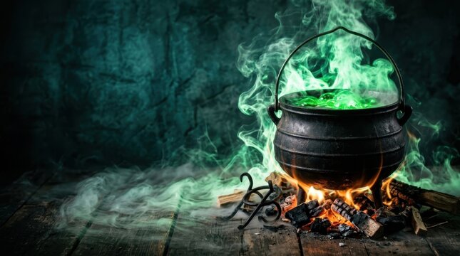 Mystical bubbling green potion inside a cast iron witch cauldron over a glowing open fire in a dark spooky dungeon, ideal for Halloween fantasy and magical alchemy themes with thick swirling smoke.