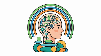 Fototapeta premium Human head with inner workings mental balance and ideas under rainbow arcs