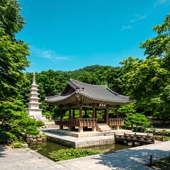 Fototapeta premium Korean traditional architecture pavilion with stone pagoda set in peaceful temple garden landscape.