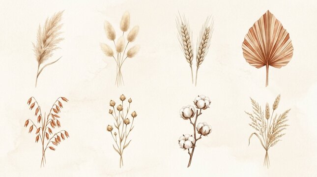 Set of 8 Boho Dried Pampas Grass and Wheat Watercolor Illustrations - Beige Neutral Botanical Elements