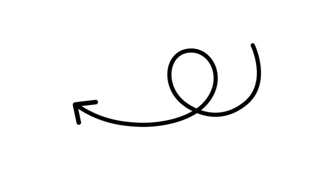 Black curly arrow hand drawn shape pointing left for direction, pointer, guide, navigation, Motion graphics of arrow concept