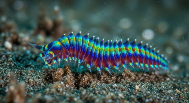 Vibrant Rainbow Marine Worm Crawling on Seabed
