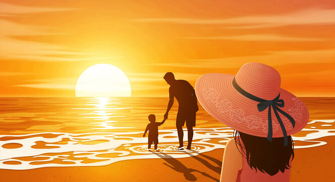 Mother in sun hat watching her husband and child walk on beach at sunset. Silhouettes are framed by golden ocean waves and bright sun. Vacation concept, ideal for travel marketing and summer.