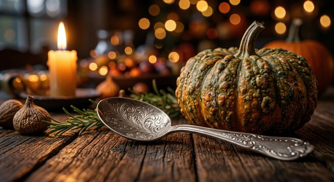 An ornate vintage silver spoon rests on a rustic wooden table beside a bumpy pumpkin and a glowing candle Celebrating Thanksgiving Day