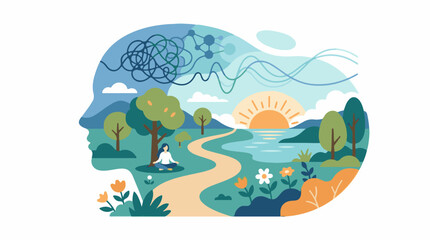 Naklejka premium Inner peace illustrated by a serene landscape within a human head silhouette