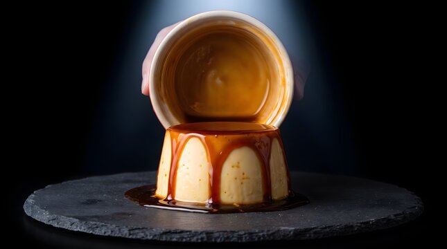 Delicious flan caramel pudding poured from ceramic cup on dark background