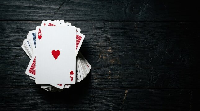 Elegant Ace of Hearts playing card resting atop a shuffled deck on a dark rustic wooden table background, perfect for gambling themes or poker night concepts with copy space for creative design ideas.