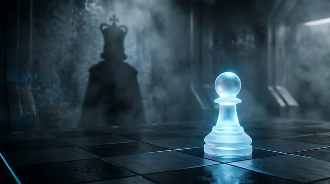 Chess pawn stands on a dark board casting a large shadow that resembles a powerful king in a mysterious, smoke-filled environment.
