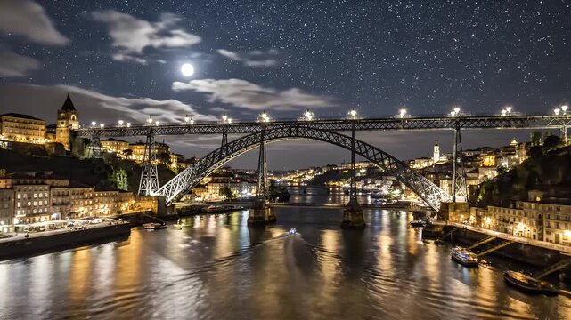 Dom Lu&iacute;s I Bridge illuminated at night under a starry sky with reflections on the Douro River.