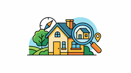 Fototapeta premium Magnifying glass inspects house with compass and location pin