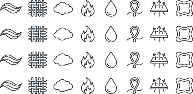 Textile Property and Fabric Feature Minimal Line Icon Set with Breathable Weave Flame Retardant Waterproof and Absorbent Material Symbols