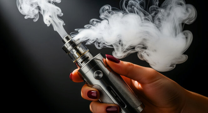Woman's hand holding an electronic cigarette mod with thick white vapor clouds. Close-up of a high-tech vaporizer device against a dark background. Smoking alternative concept for lifestyle blogs.