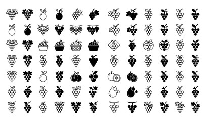Obraz premium Grape Stroke Line and Solid Black Icon Set Editable Vector Collection