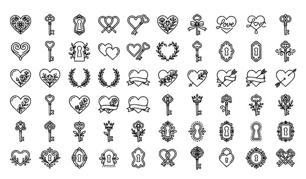 Elegant Heart Key Line Art Icons Romantic Black White Vector Set