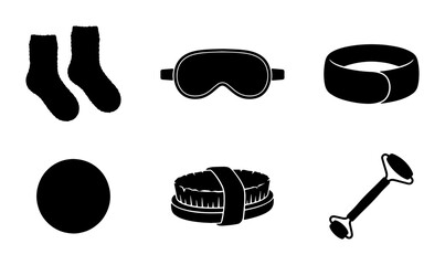 Self-Care Icons: Cozy Socks, Sleep Mask, Jade Roller, Face Brush, Headband, Circle, Vector Set © MdShawkot