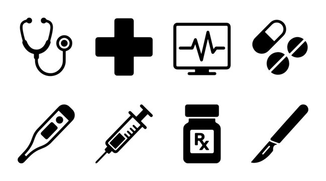 Medical Icons Set: Stethoscope, Cross, ECG, Pills, Thermometer, Syringe, Rx Bottle, Scalpel