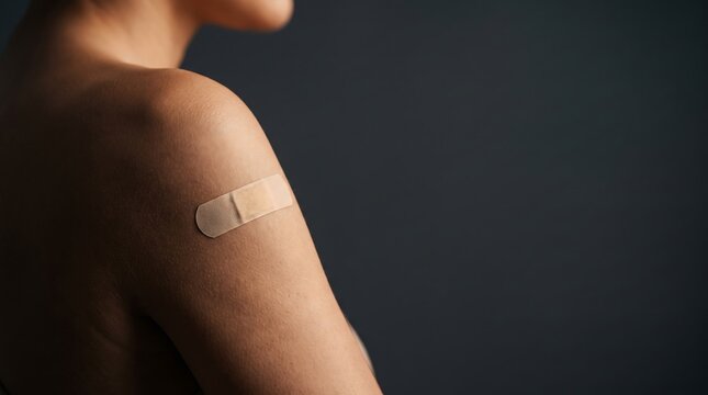 Adhesive bandage on shoulder after vaccine injection