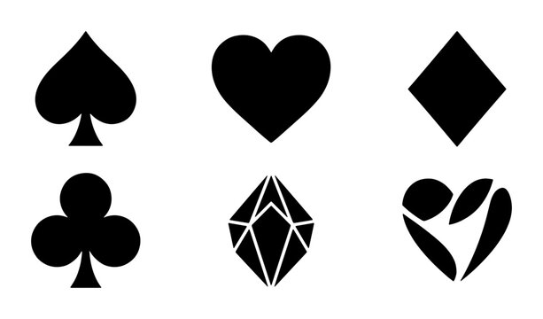 Black Playing Card Suits, Diamond Gemstone, Abstract Heart Vector Icons: Gambling, Game, Casino, Love Symbols