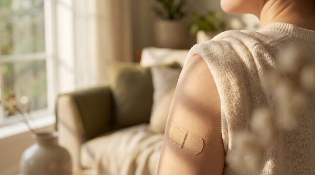 Adhesive bandage on shoulder after vaccine injection