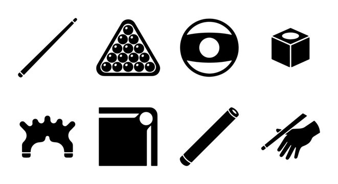 Billiard Icons Set: Pool Cues, Balls, Rack, Chalk, Bridge, Table, Accessories Collection