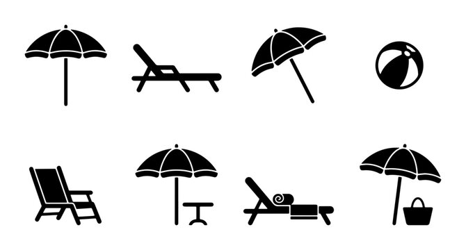 Beach Icons Set: Umbrellas, Chairs, Loungers, Ball, Bag, Table, Vector Graphics for Summer Holidays