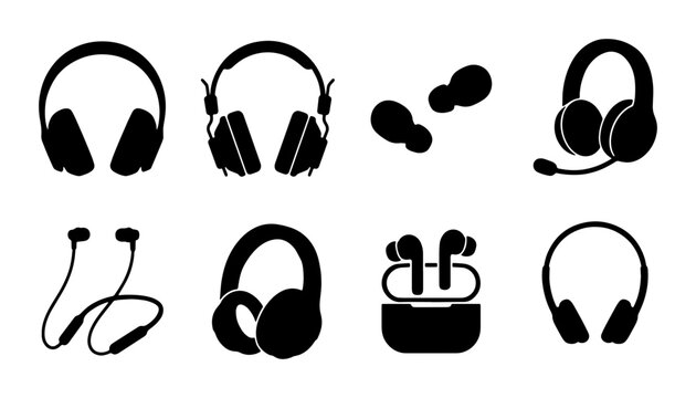 Headphone Icons Set: Wireless Earbuds, Over-Ear, On-Ear Audio Devices, Music Listening Vector Graphics