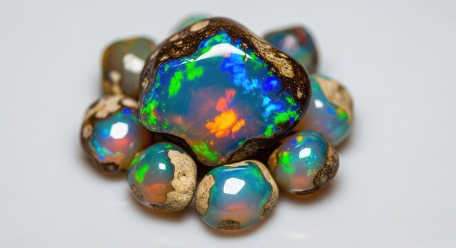 A detailed macro shot showcasing a central, unevenly shaped raw opal gemstone surrounded by a cluster of smaller, iridescent opals, fire opal, rough, refracted