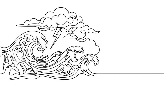 Continuous line drawing of a stormy ocean with lightning and clouds.