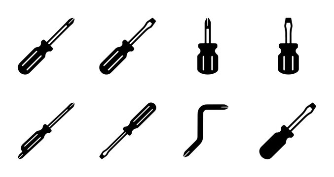 Screwdriver Icons Set, Hand Tool Vector Graphics, Repair Equipment Collection, DIY and Construction Elements