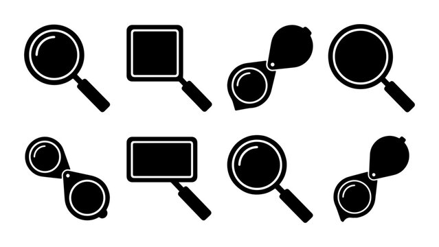 Magnifying Glass Icons Set: Round, Square, Rectangular, Folding Loupes, Search Tools