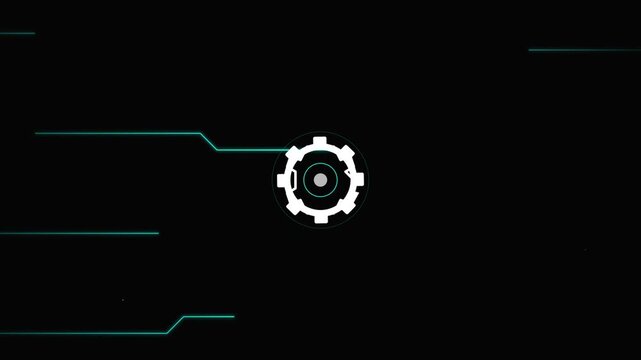spinning gear icon on cyan digital circuit background