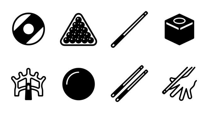 Billiard Icons Set: Pool Balls, Cues, Rack, Chalk, and Table Accessories Vector Graphics