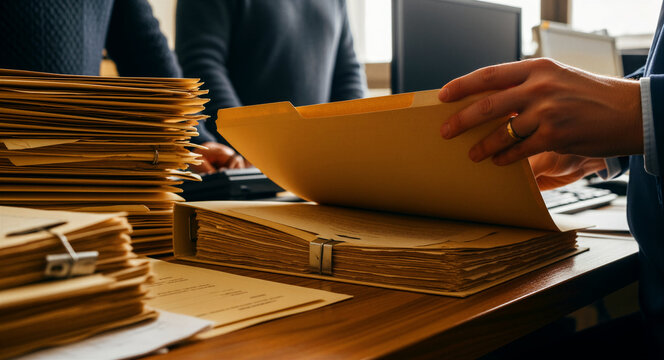Hands opening a thick file folder filled with documents. Large stacks of paperwork suggest intensive research or archive work. Bureaucracy concept, ideal for legal and administrative marketing.