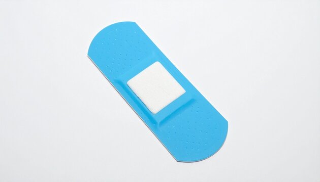 Blue adhesive bandage on white background symbolizes care, healing, hygiene, and medical protection.
