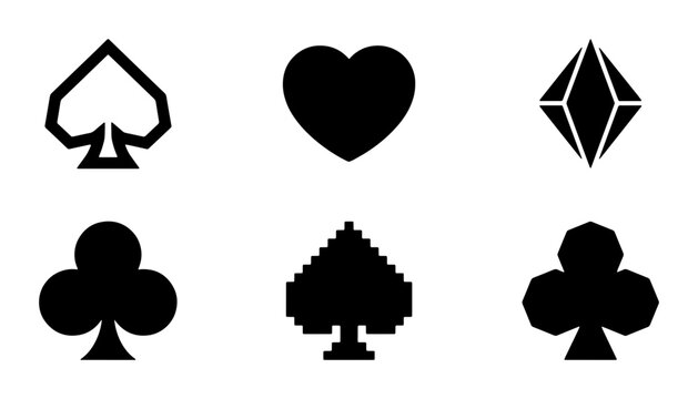 Black Playing Card Suits Icons, Diamond Gemstone, Pixelated Spade, Simple Shapes, Gambling Symbols, Vector Graphics