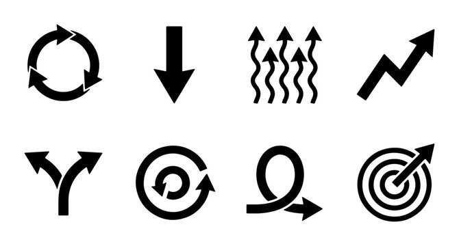 Black Arrows Set: Directional Icons for Business Growth, Cycles, and Goals. Vector Graphics.