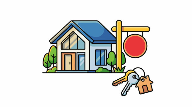 Modern house with trees a red sign and keys for sale