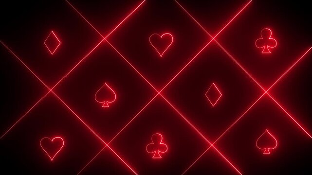 Red Neon casino spade suit or symbol of playing card, gambling animation. Neon playing cards glowing on black background. Abstract animation background. Concept of online casino and bet 4k