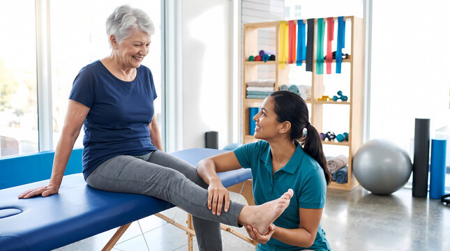 senior woman extending leg on blue therapy table.physiotherapist holding ankle in teal scrubs.bright clinic room with gym equipment